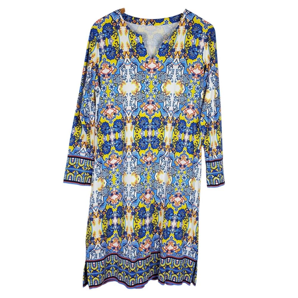 Coolibar Oceanside Long Sleeve Dress Sz L Colorful Beach Vacation Cruise UPF 50+